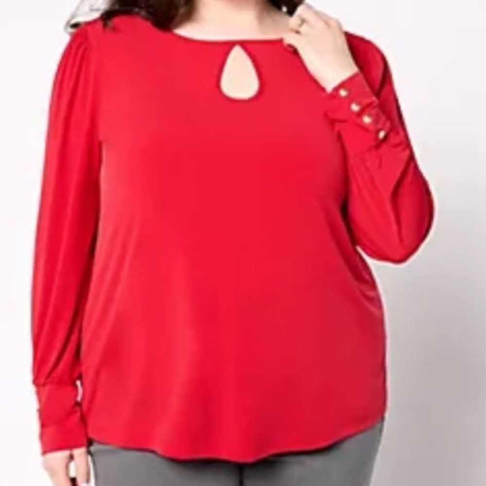 Susan Graver Liquid Knit Ruby Jewel Keyhole Cuff Long Sleeve Top Plus Size 3X‎